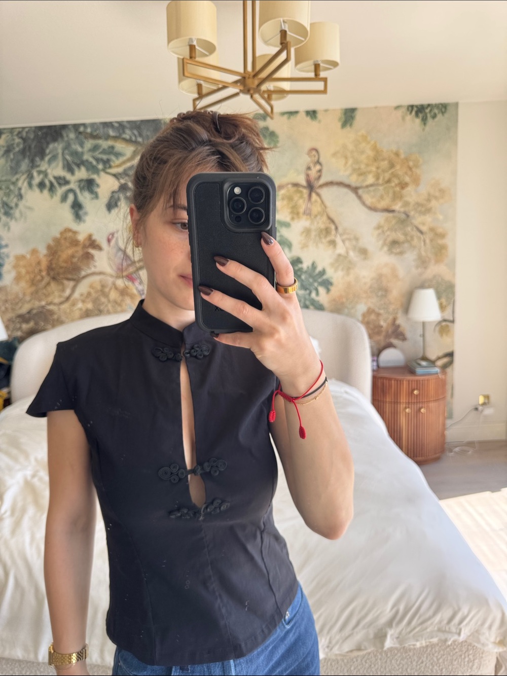 Black Mandarin Collar Cap-Sleeve Dress Top
